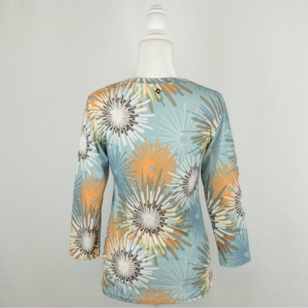 Prana Women's Large Blue Orange Floral Crewneck 3/4 Sleeve Knit Tee